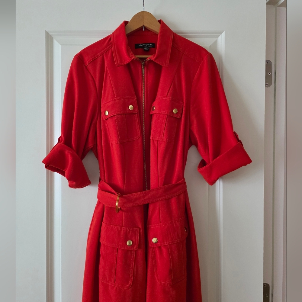 Vintage Sharagano 4 Pocket Belted Dress Womens 14w Red Preppy Chic 90s Y2k